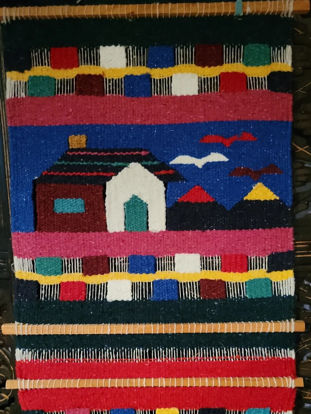 Hand Crafted Blue Pink Multicolor Southwestern Geometric Wall Tapestry